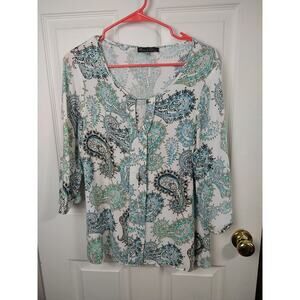 Rose&Olive Woman 1X Blouse Keyhole V Neck White Paisley Pullover 3/4 Sleeve...